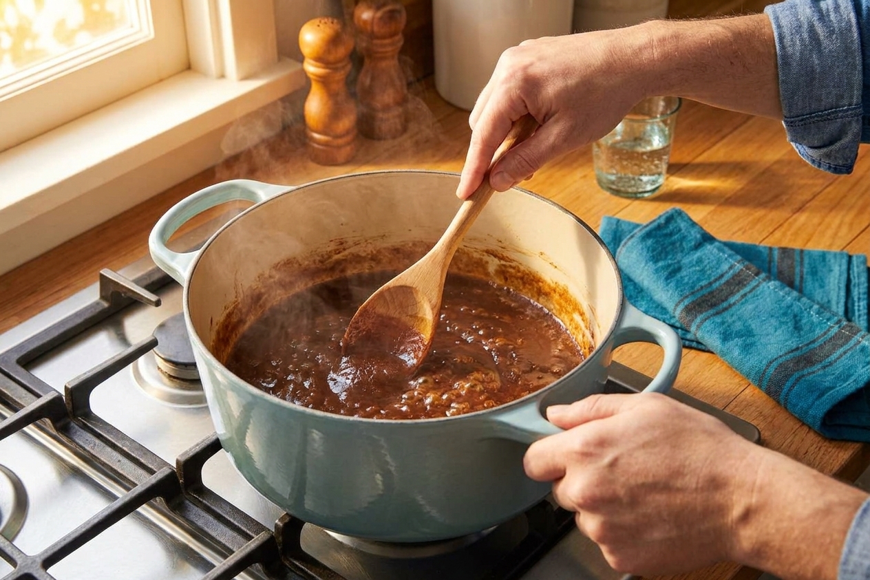 A home cook stirring a darkening roux in a Dutch oven on a stovetop with a wooden spoon, warm kitchen lighting