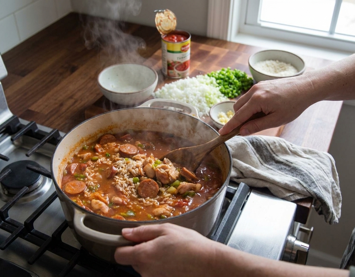 A home cook stirring a pot of jambalaya on a stovetop with a wooden spoon, with steam rising and bowls of chopped vegetables nearby on the counter