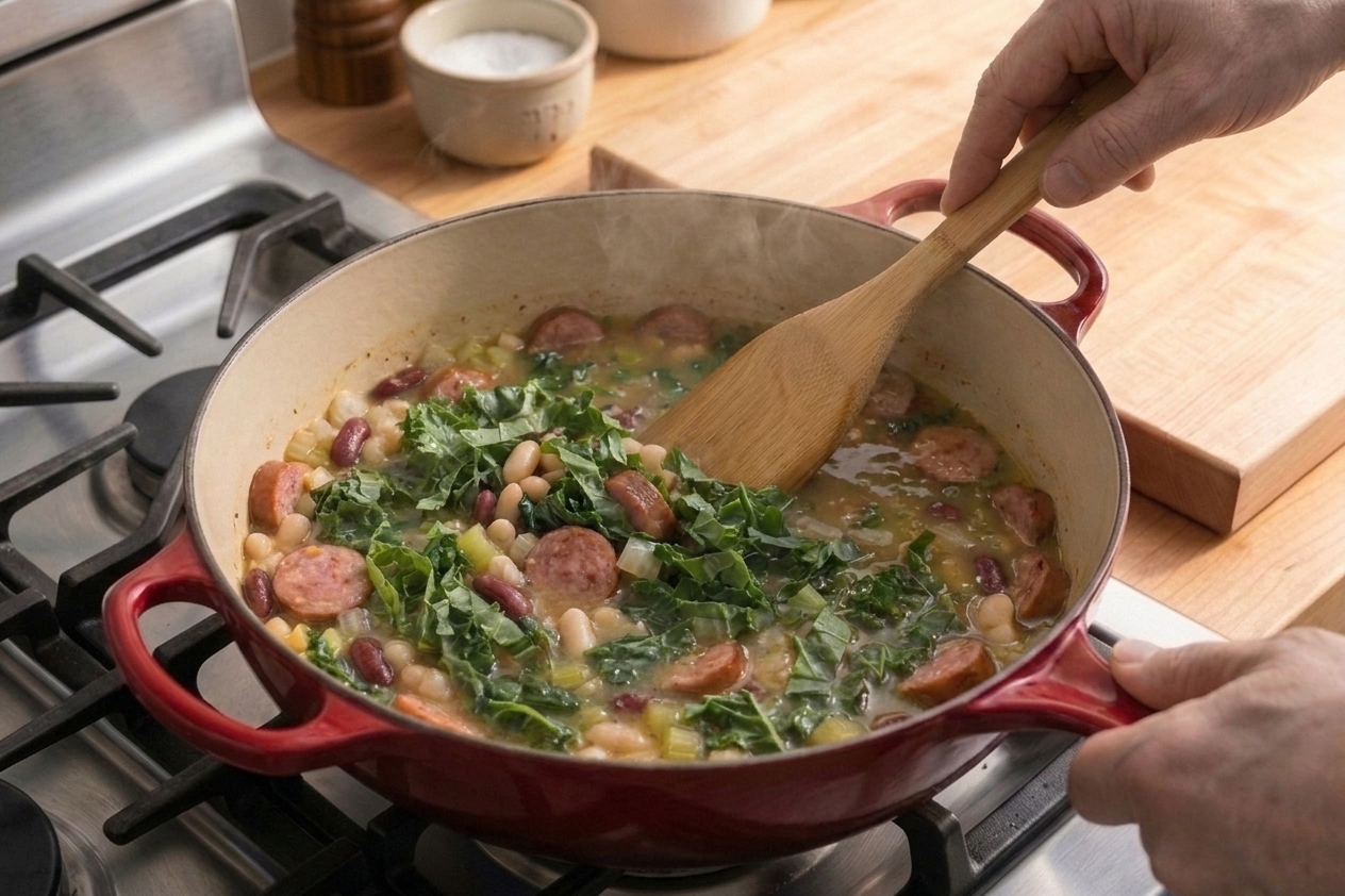 A home cook stirring a pot of soup on the stovetop with a wooden spoon