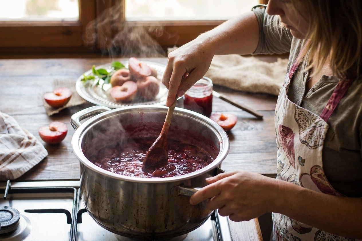 A home cook stirring bubbling plum jam in a stainless steel pot on the stove with a wooden spoon