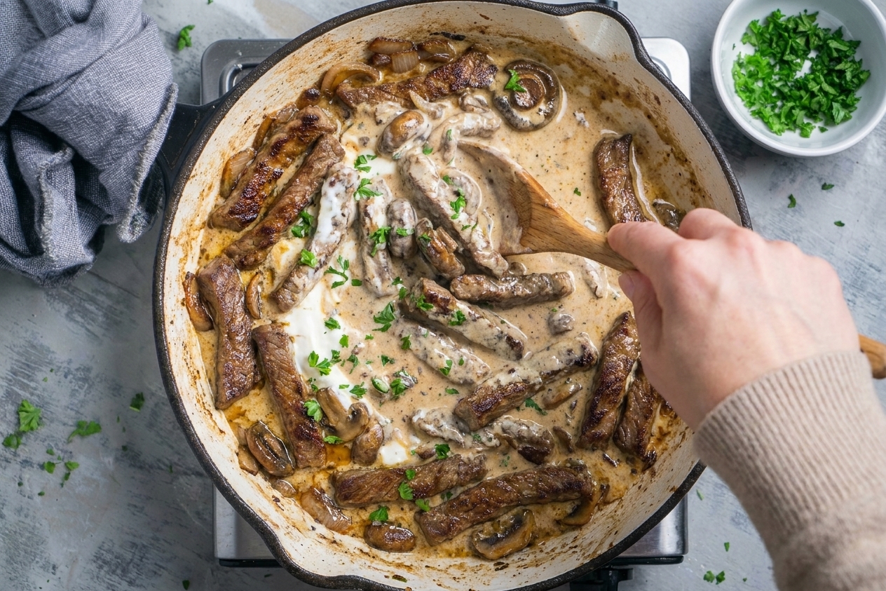 A home cook stirring creamy beef stroganoff in a skillet with a wooden spoon on a stovetop