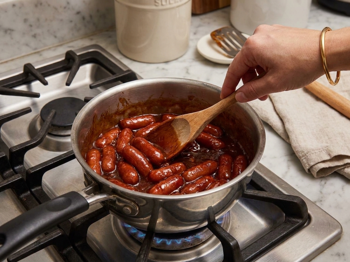 A home cook stirring lil smokies in a saucepan as the sauce thickens and coats the sausages on a stovetop