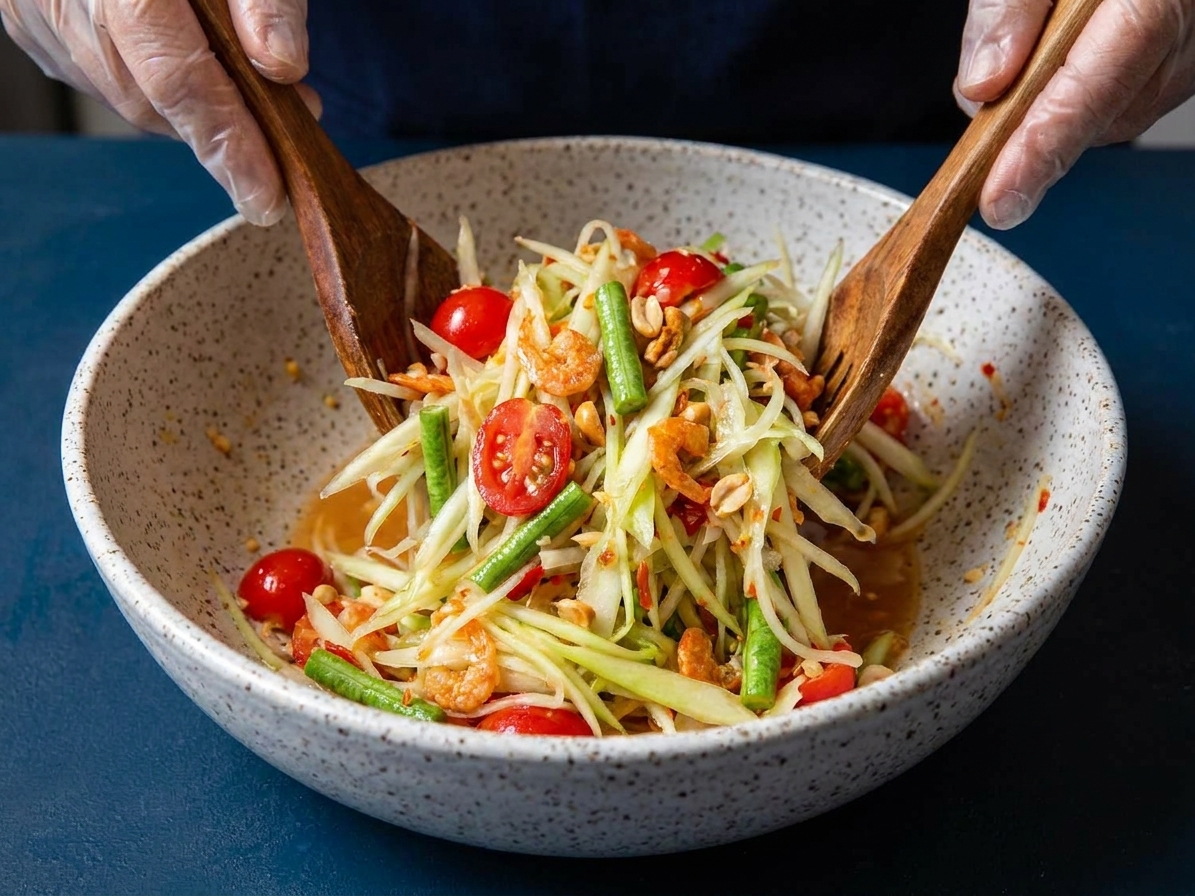 A home cook tossing shredded green papaya salad with tomatoes and green beans in a large mixing bowl on a kitchen counter