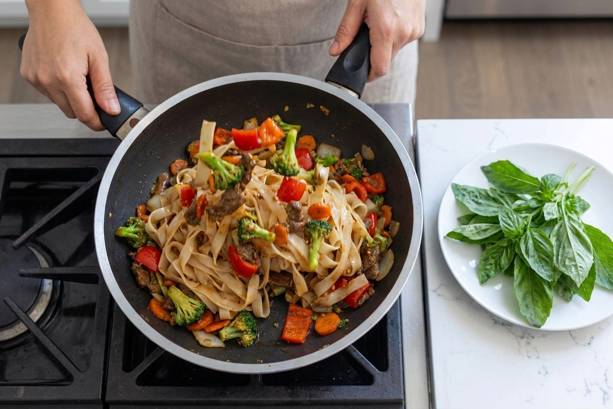 A home cook tossing wide rice noodles and vegetables in a hot skillet on a stove, with basil ready on a plate nearby