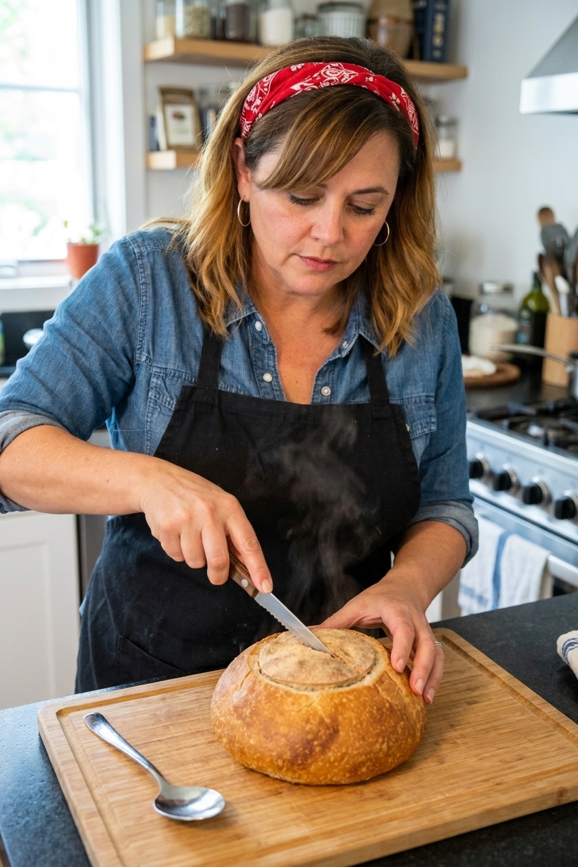 A home cook using a small serrated knife to cut a circular lid into a warm par-baked bread bowl on a cutting board, with a spoon nearby for scooping out the center