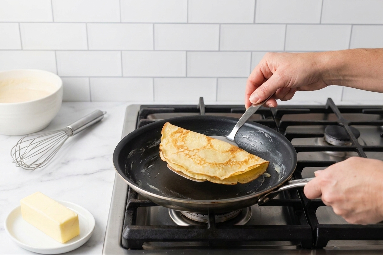 A home cook using a thin spatula to flip a delicate Swedish pancake in a buttered nonstick skillet on a stovetop