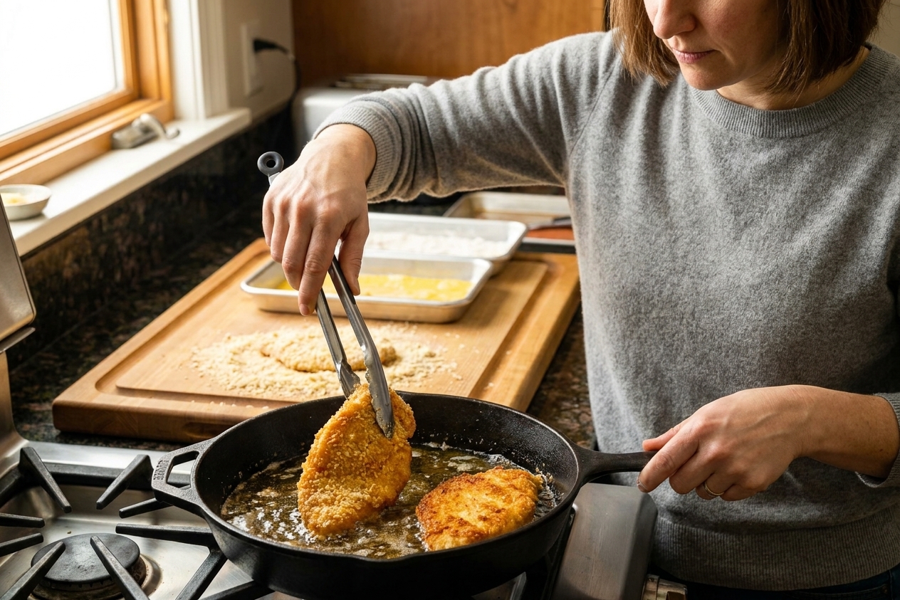 A home cook using tongs to flip a golden breaded chicken cutlet in a skillet on a stovetop