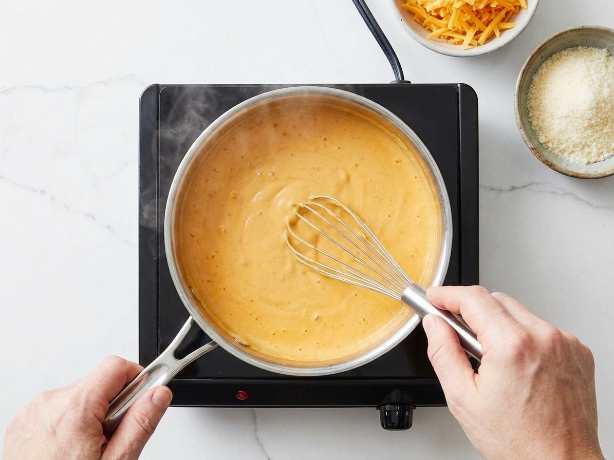 A home cook whisking a creamy cheese sauce in a stainless steel saucepan on a stovetop with steam rising
