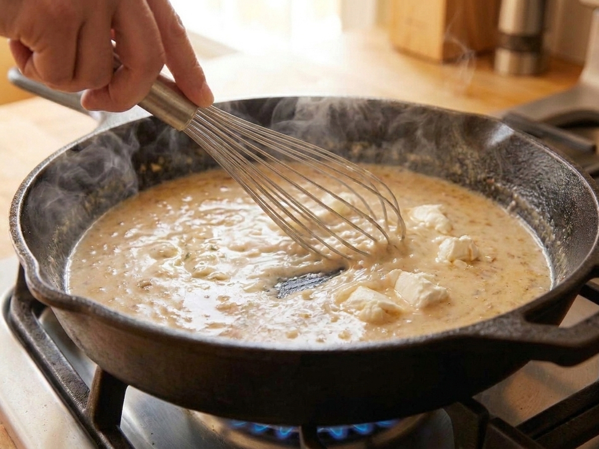 A home cook whisking a creamy sauce in a skillet on the stove with steam rising