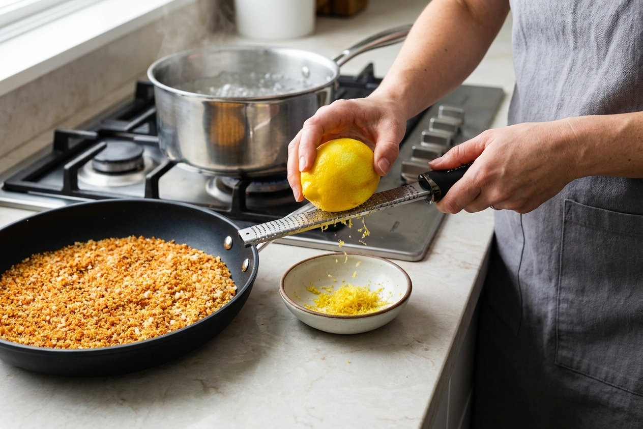 A home cook zesting a lemon over a small bowl on a kitchen counter next to a skillet and a pot of boiling water