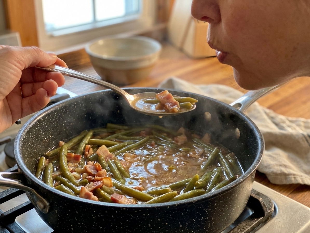 A home cook's hand holding a spoon over a simmering pot of green beans and bacon on a stovetop, tasting the broth in warm kitchen light