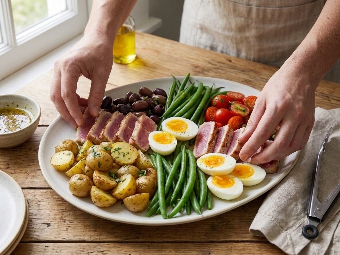 A home cook’s hands arranging tuna, sliced eggs, potatoes, green beans, tomatoes, and olives on a large platter in a bright kitchen