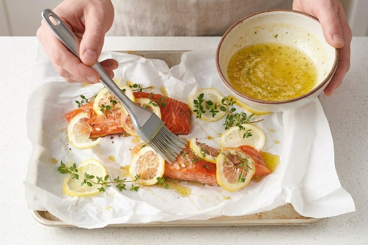 A home cook's hands brushing lemon butter sauce onto baked salmon fillets on a sheet pan in a warmly lit kitchen