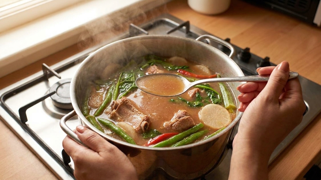 A home cook’s hands holding a spoon over a pot of simmering sinigang, tasting the broth on a warmly lit kitchen stove