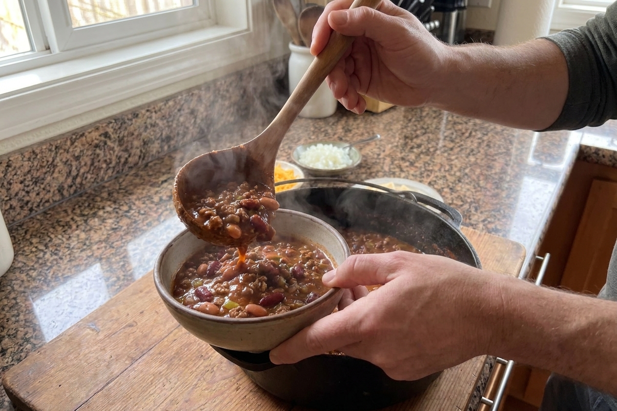 A home cook's hands ladling thick chili from a pot into a ceramic bowl on a kitchen counter
