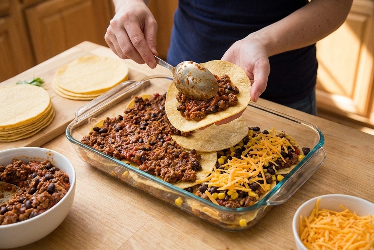 A home cook's hands layering tortillas and spooning seasoned beef filling into a glass baking dish on a kitchen counter