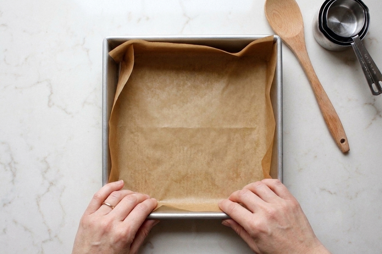 A home cook's hands lining an 8x8 baking pan with parchment paper on a clean kitchen counter, with a wooden spoon and measuring cups nearby