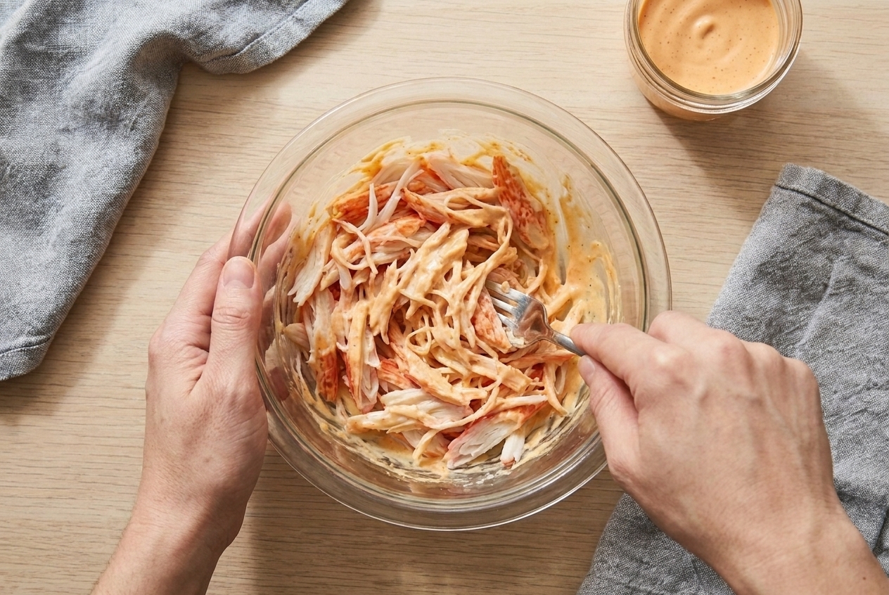 A home cook's hands mixing shredded imitation crab with spicy mayo in a glass bowl on a clean kitchen counter