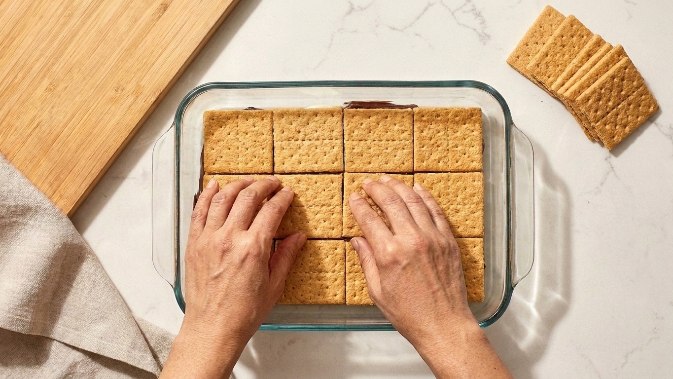 A home cook's hands placing graham crackers in a single layer inside a glass baking dish on a kitchen counter