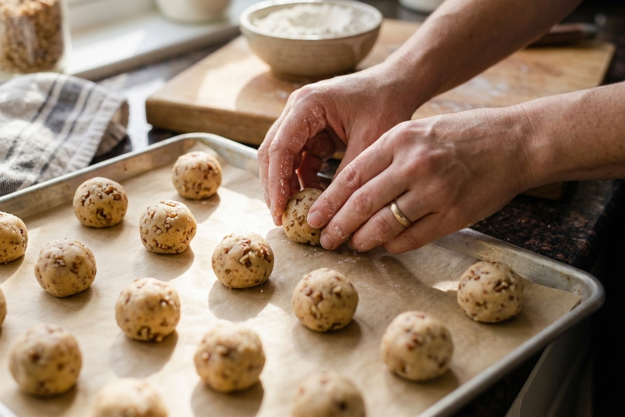 A home cook's hands portioning and rolling small balls of cookie dough on a parchment-lined baking sheet under warm kitchen lighting