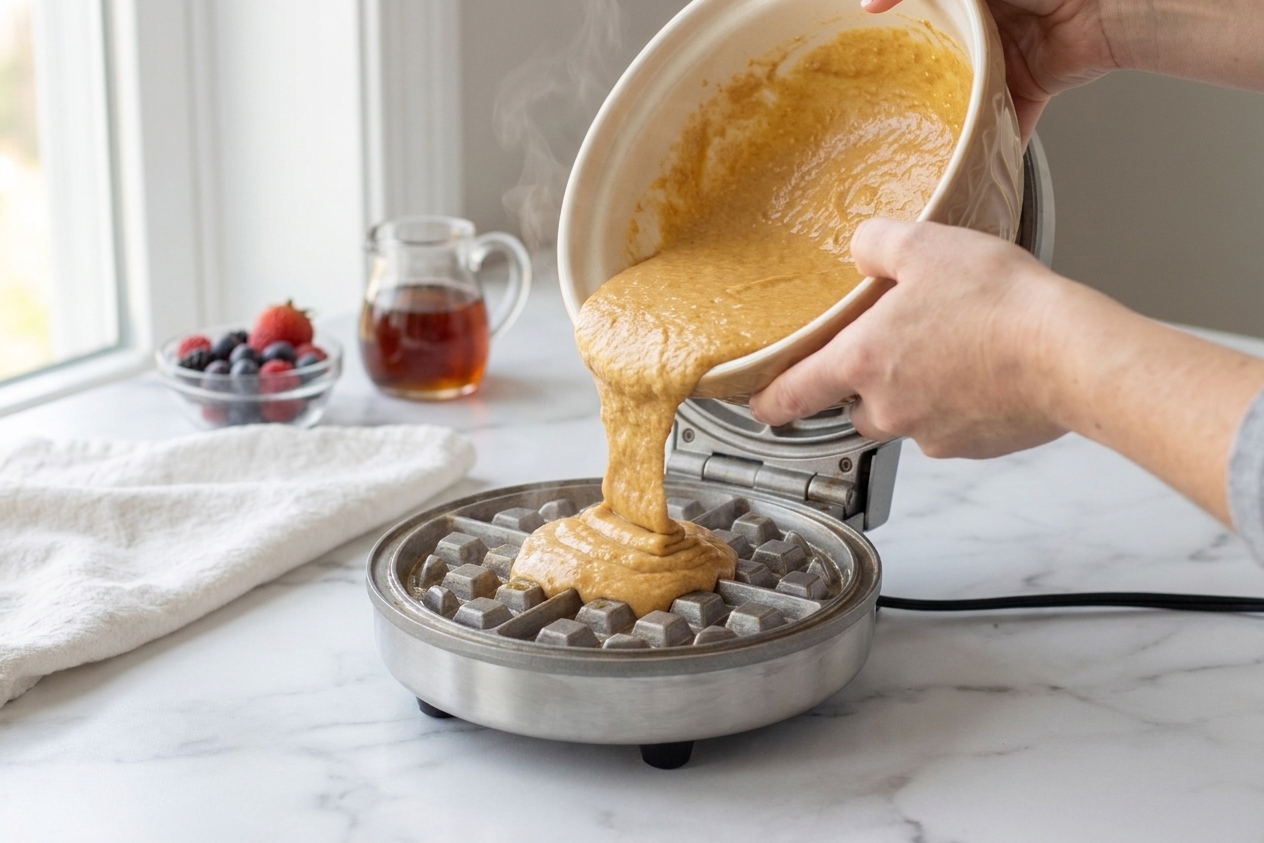 A home cook's hands pouring gluten-free waffle batter into a preheated waffle iron on a clean kitchen counter with soft natural light