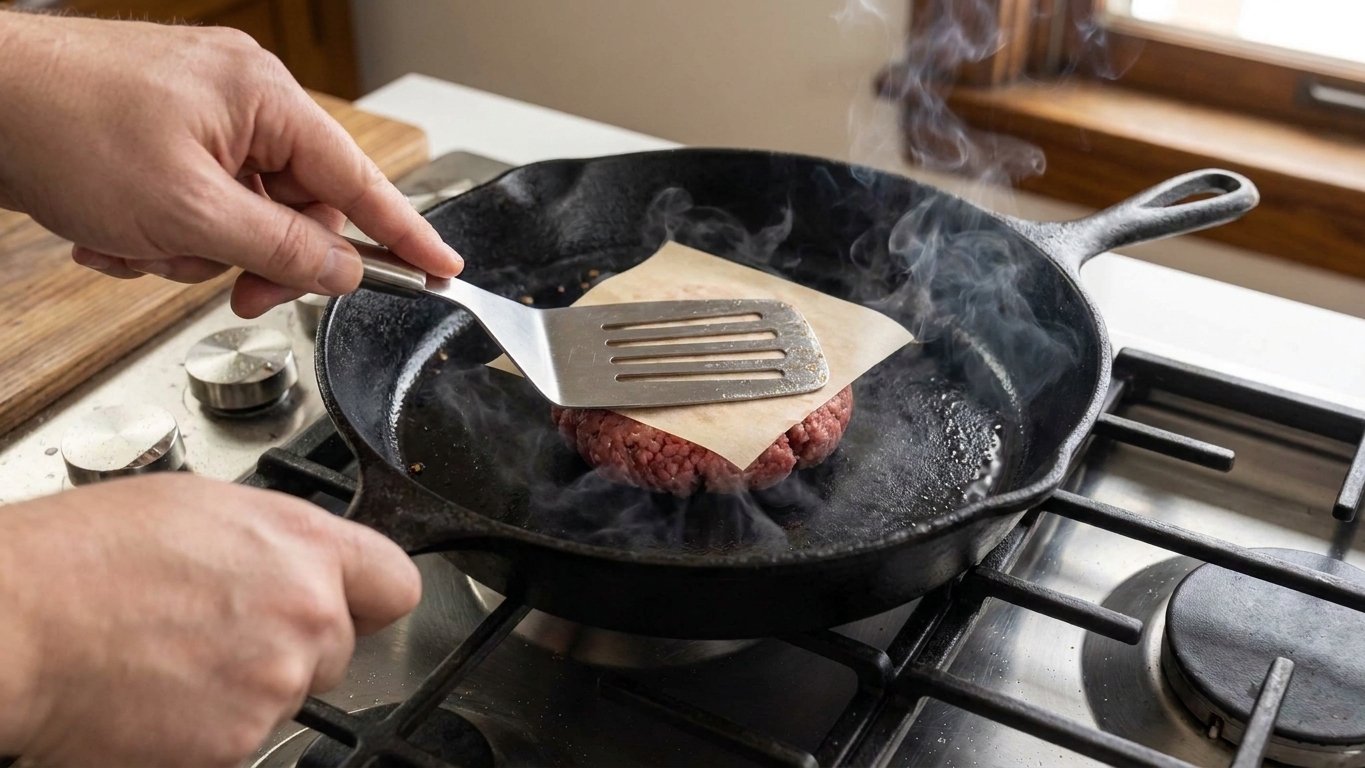 A home cook's hands pressing a burger ball with a metal spatula through parchment paper in a hot cast iron skillet on a stovetop