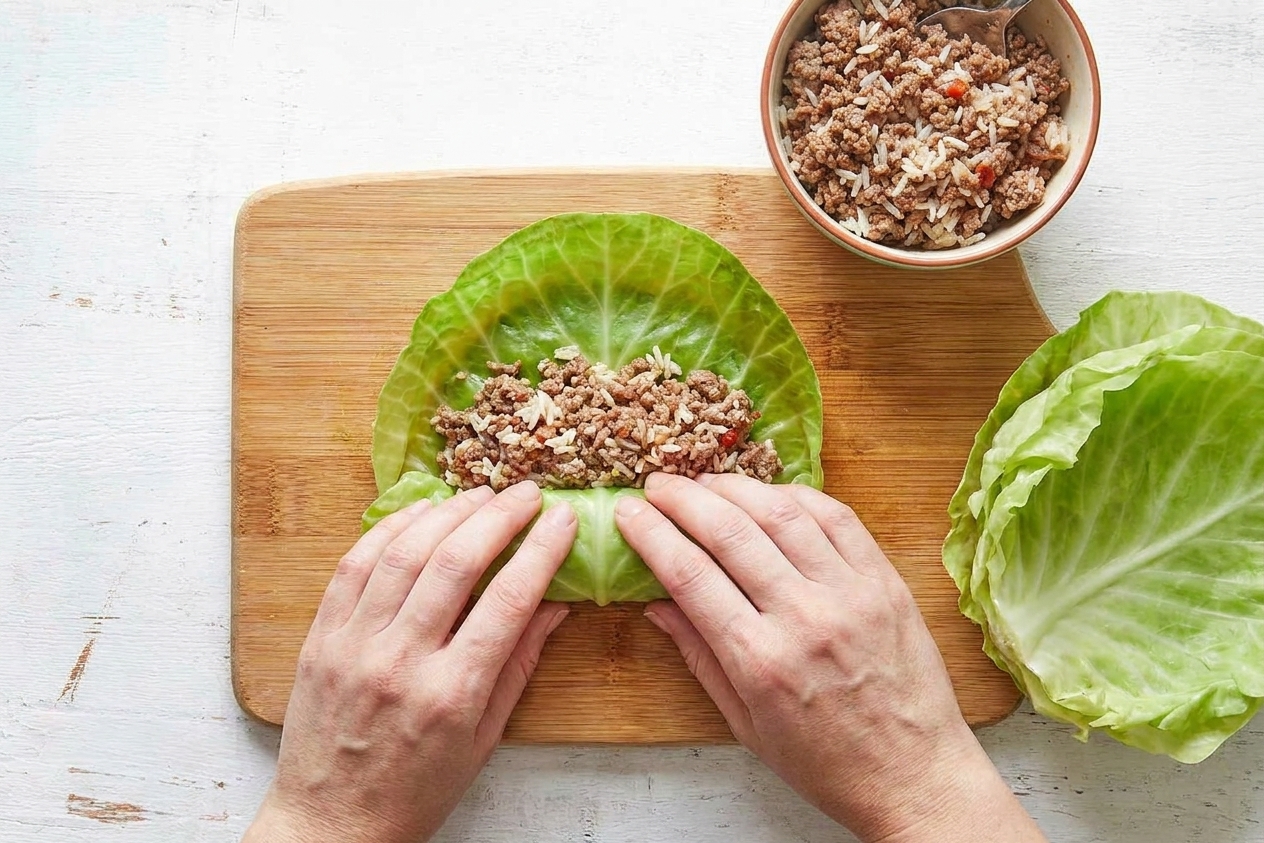 A home cook’s hands rolling a blanched cabbage leaf around a mound of beef and rice filling on a wooden cutting board