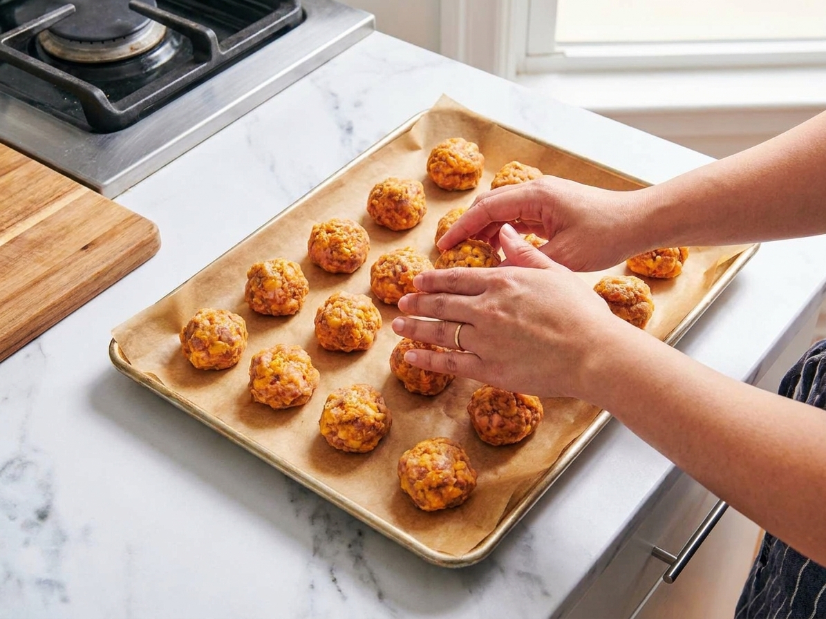 A home cook's hands rolling raw sausage ball mixture into small rounds over a parchment-lined baking sheet on a kitchen counter