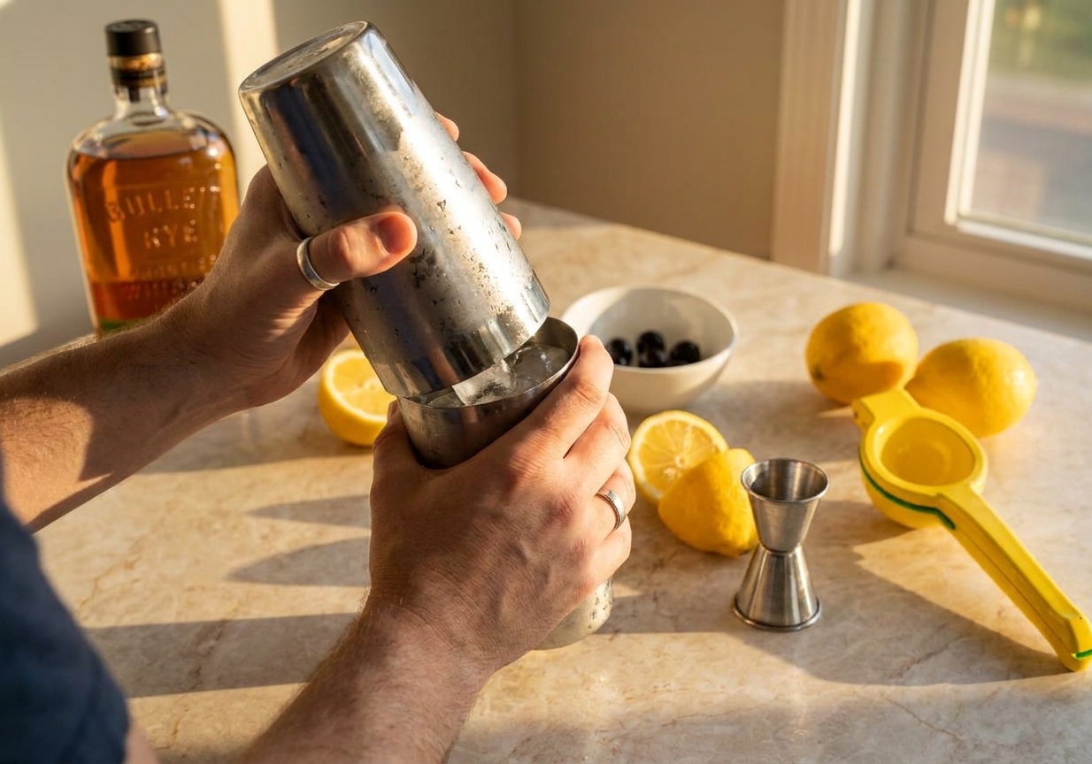 A home cook's hands shaking a stainless steel cocktail shaker over a kitchen counter with lemons and a jigger nearby under warm evening light