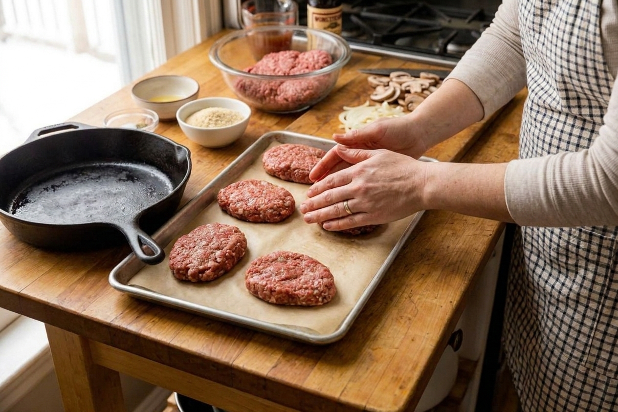 A home cook's hands shaping ground beef mixture into oval patties on a parchment-lined sheet pan in a cozy kitchen