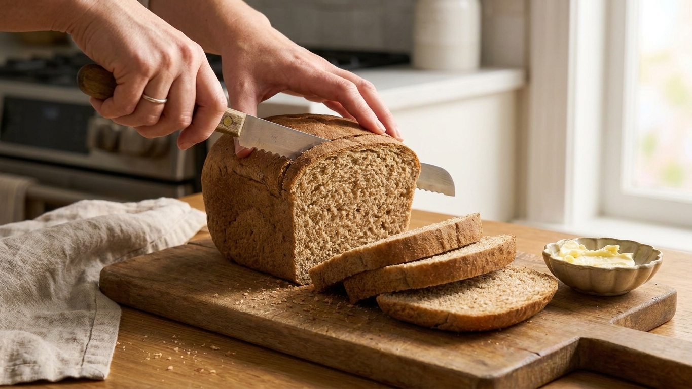 A home cook's hands slicing a cooled whole wheat loaf with a serrated knife on a wooden cutting board