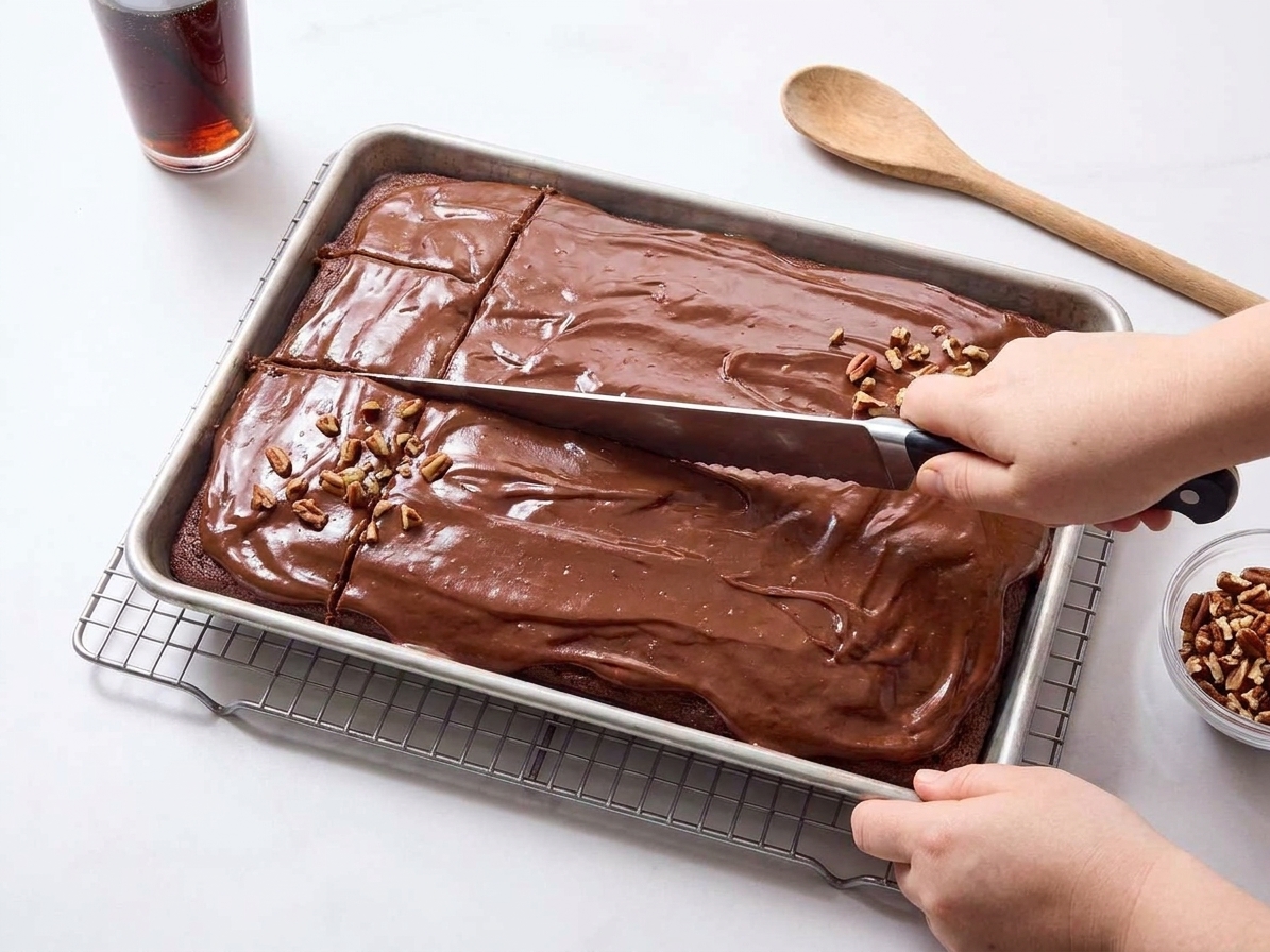 A home cook's hands slicing a frosted chocolate sheet cake into squares in the baking pan on a kitchen counter