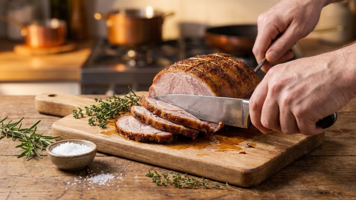 A home cook's hands slicing a rested pork shoulder roast on a wooden cutting board with a chef's knife in a warmly lit kitchen