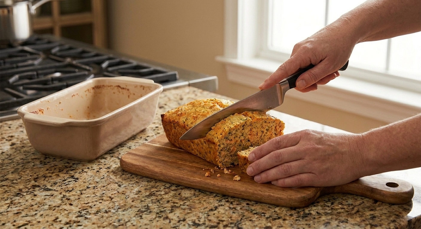 A home cook's hands slicing a salmon loaf on a wooden cutting board with a chef's knife