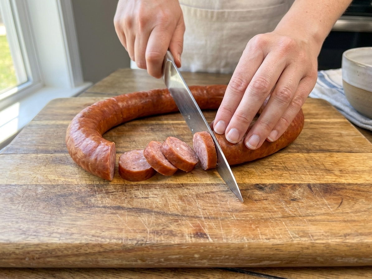 A home cook’s hands slicing kielbasa into rounds on a wooden cutting board on a bright kitchen counter