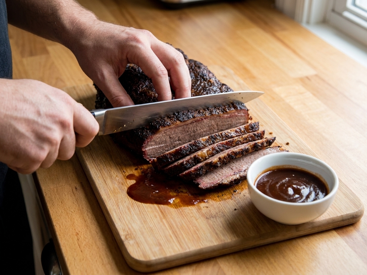 A home cook's hands slicing rested beef brisket against the grain on a wooden cutting board with a pool of sauce nearby