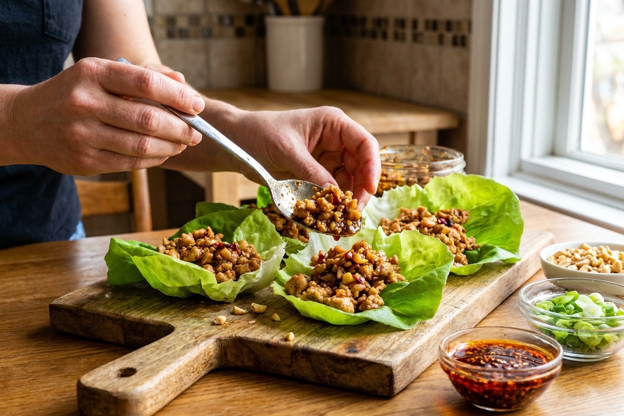 A home cook's hands spooning spicy saucy ground chicken into butter lettuce cups on a wooden cutting board in a warm kitchen
