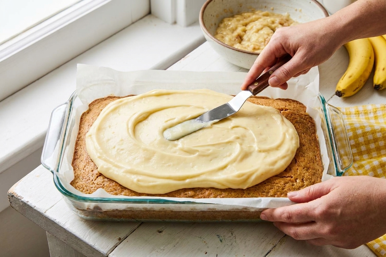 A home cook's hands spreading creamy vanilla pudding frosting over a cooled banana sheet cake in a baking pan on a bright kitchen counter