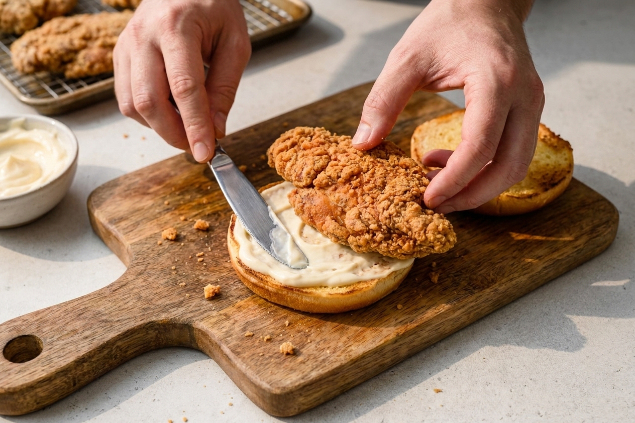 A home cook's hands spreading mayonnaise on a toasted bun and placing a crispy fried chicken cutlet on top on a wooden cutting board