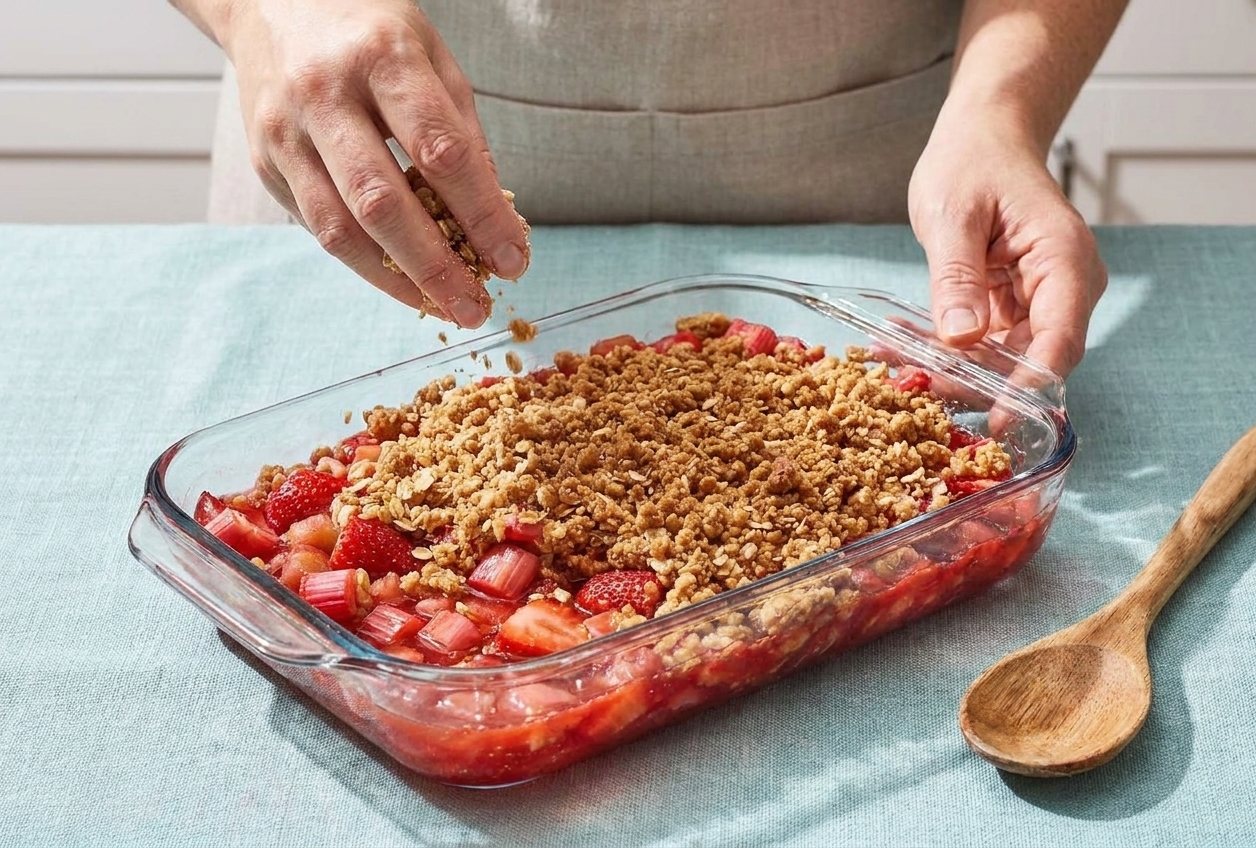 A home cook’s hands sprinkling buttery oat crumble over a strawberry and rhubarb filling in a ceramic baking dish on a kitchen counter