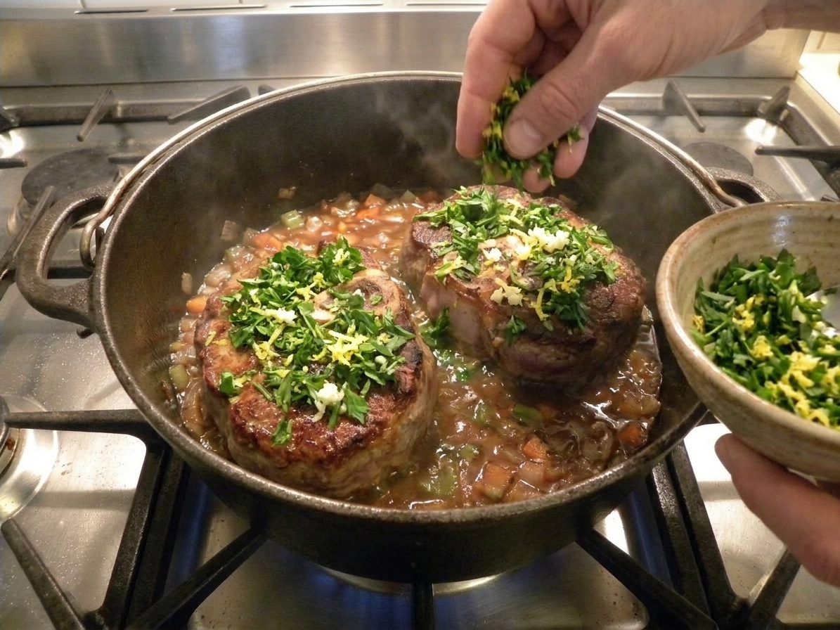 A home cook’s hands sprinkling fresh parsley and lemon zest gremolata over a pot of braised veal shanks on a stovetop