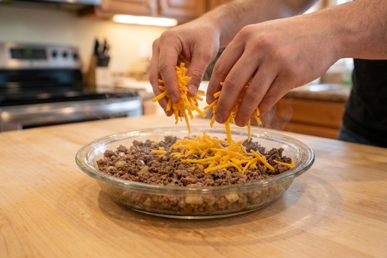 A home cook's hands sprinkling shredded cheddar over a layer of cooked ground beef in a pie dish on a kitchen counter