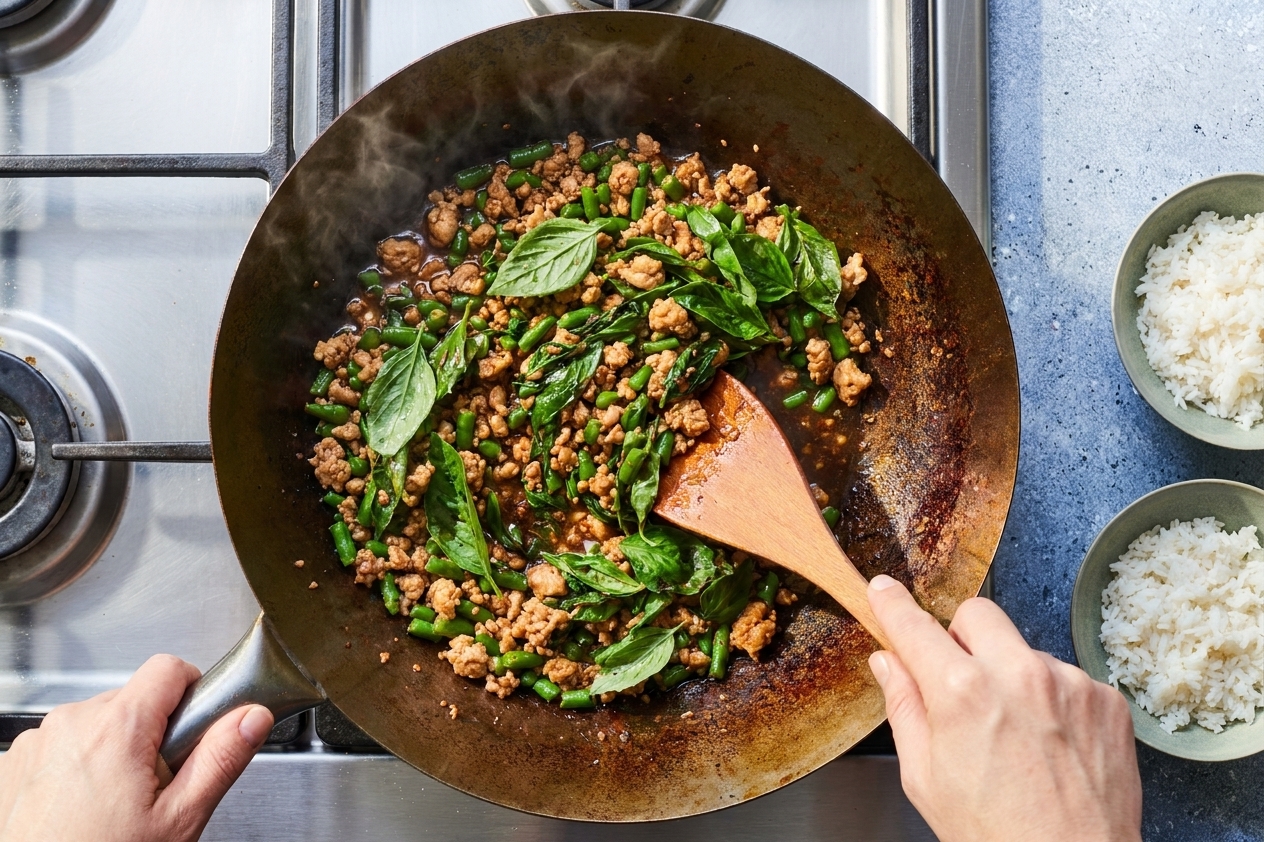 A home cook's hands stirring Asian basil chicken in a skillet with a wooden spoon as fresh basil leaves wilt into the sauce on a stovetop