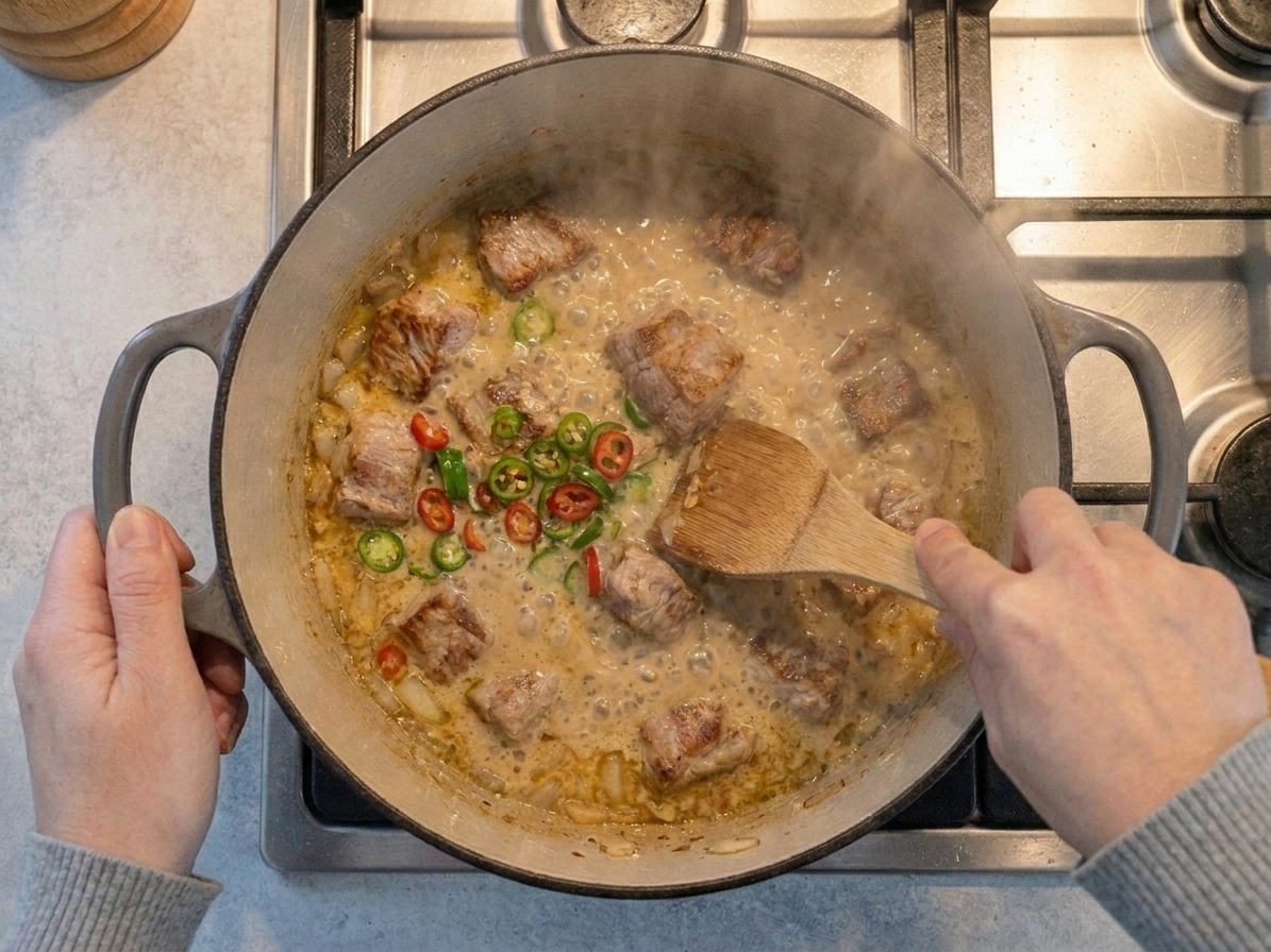 A home cook's hands stirring a pot of Bicol Express on the stovetop, with steam rising and sliced chiles visible in the creamy sauce