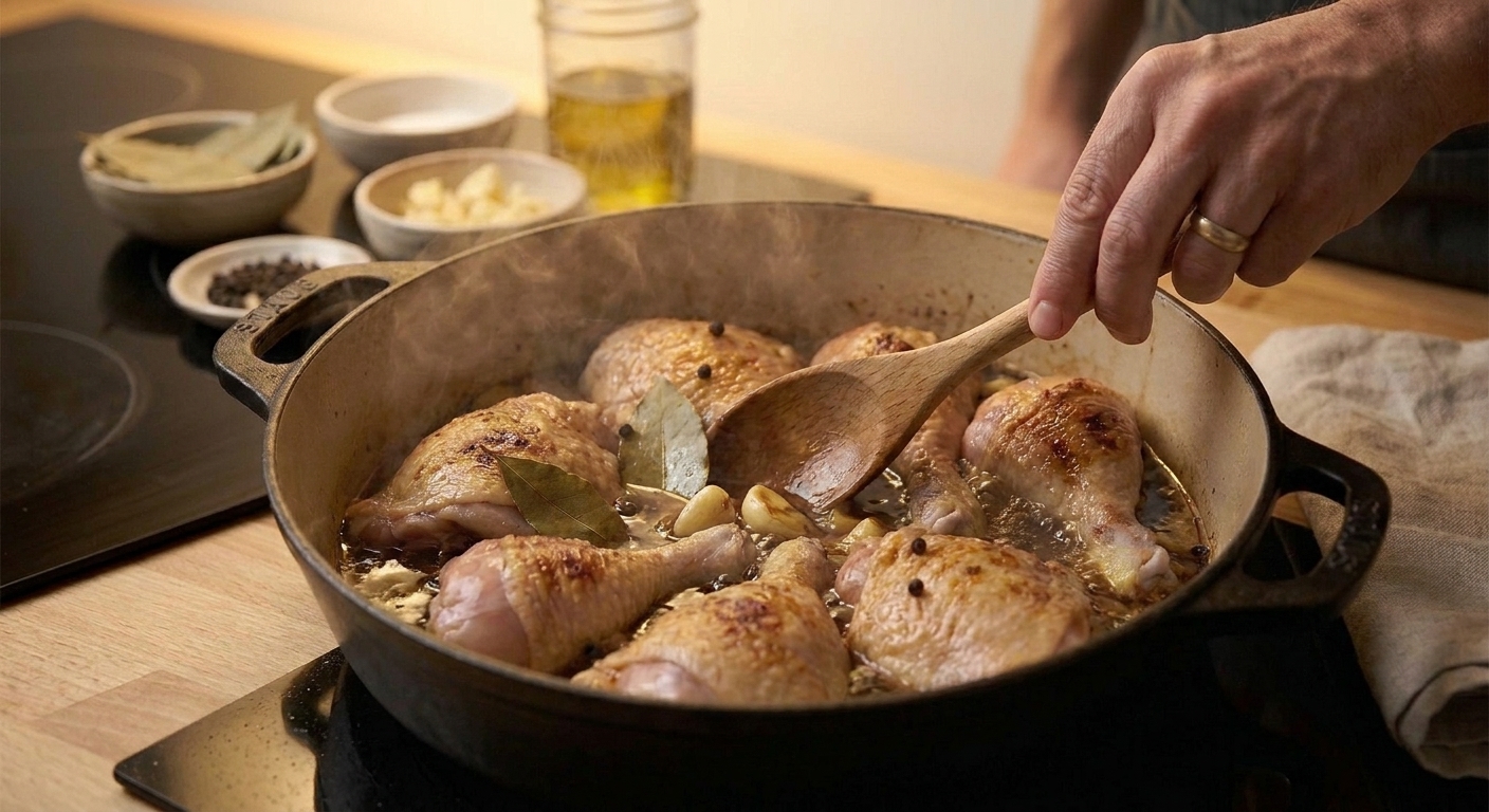 A home cook's hands stirring a pot of chicken adobo on the stove with a wooden spoon, steam rising in a cozy kitchen