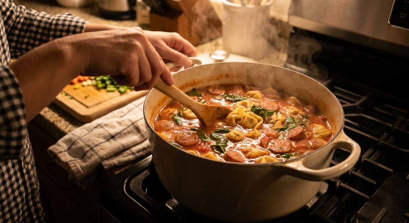 A home cook's hands stirring a pot of sausage tortellini soup on a stovetop with steam rising, wooden spoon in motion, warm kitchen lighting
