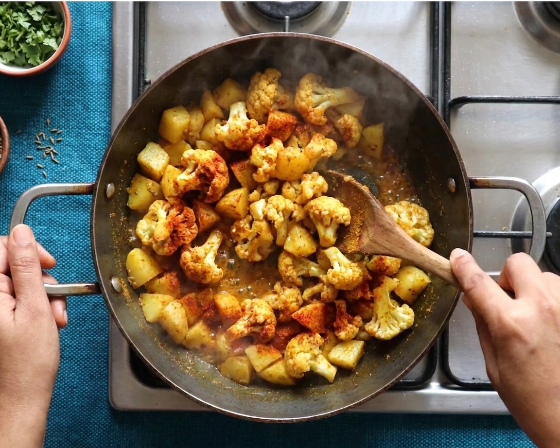 A home cook's hands stirring aloo gobi in a wide skillet with a wooden spoon on a stovetop, spices clinging to cauliflower and potato pieces