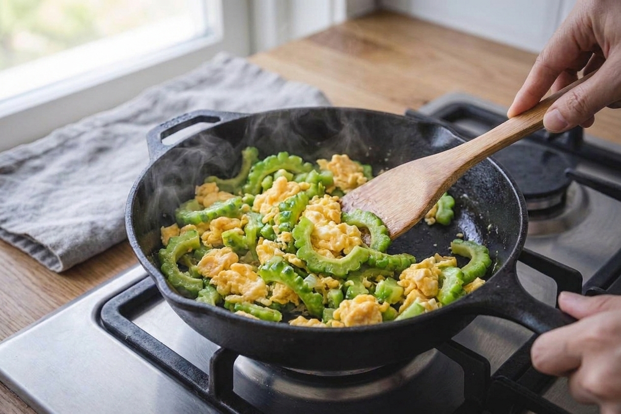 A home cook's hands stirring bitter melon and scrambled egg in a black skillet on a stovetop with a wooden spoon