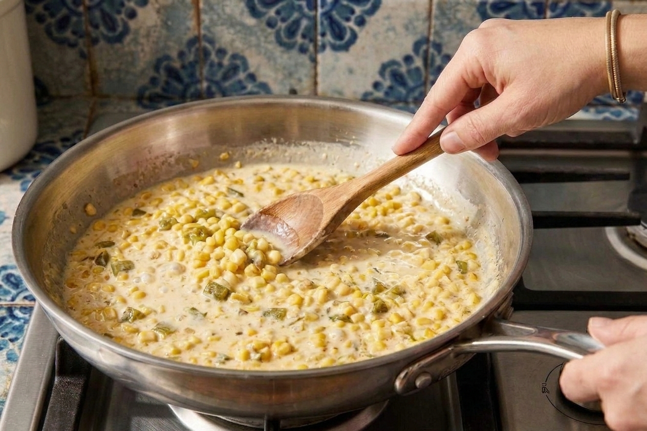 A home cook's hands stirring creamy corn in a skillet on a stovetop with a wooden spoon in a warmly lit kitchen