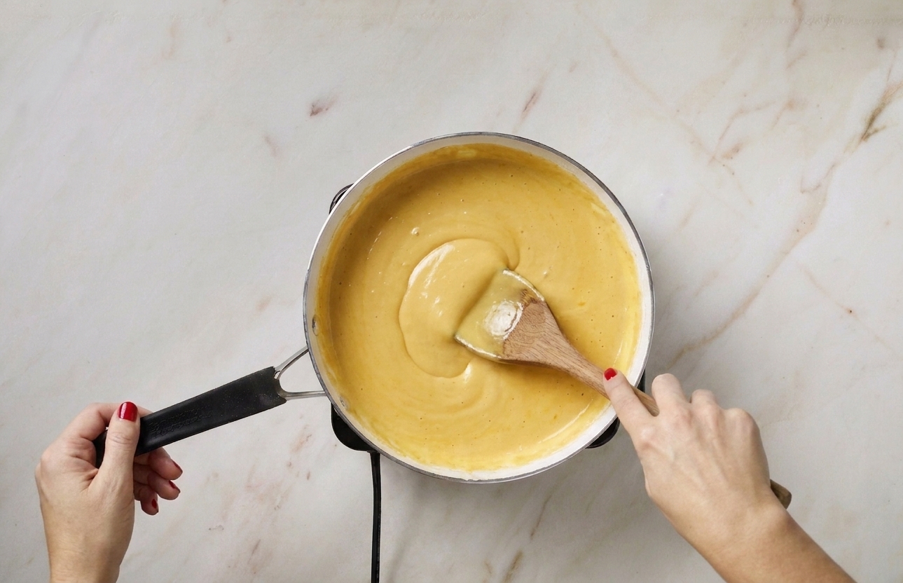 A home cook's hands stirring glossy cheese sauce in a saucepan with a wooden spoon on a stove
